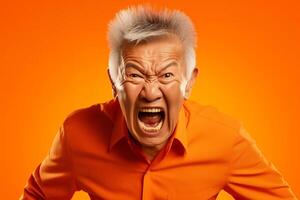 AI generated Angry old asian man isolated on orange background. Portrait of furious elderly person, closeup. photo