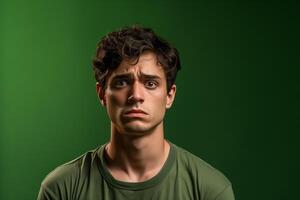 AI generated Worried young man on green background, closeup photo