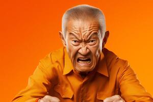 AI generated Angry old asian man isolated on orange background. Portrait of furious elderly person, closeup. photo