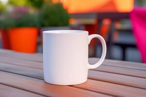 AI generated Blank white coffee mug on table. Mockup mug template. Closeup, copy space. photo