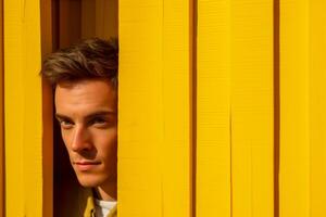AI generated Young man looking out through the crack of the wooden yellow door photo