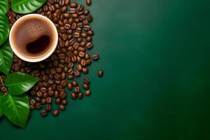 AI generated Cup of coffee on green background. Top view, copy space. photo