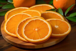 AI generated Fresh orange slices on wooden table, closeup. Citrus fruit. photo