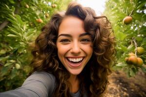 AI generated Young happy woman taking selfie in the orchard. Portrait of smiling attractive woman in the nature. photo