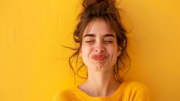 AI generated Young woman making funny face on yellow background, copy space photo