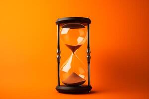 AI generated Hourglass on orange background. Time concept, copy space. photo