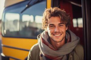 AI generated Smiling college student in front of a bus photo