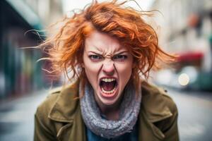 ai generado enojado joven mujer en el calle. retrato de furioso mujer, de cerca. foto