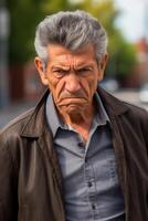 AI generated Middle aged angry man on the street, closeup photo