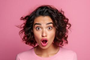 AI generated Young woman making funny face on pink background. photo