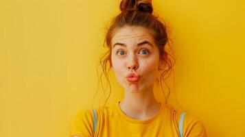 AI generated Young woman making funny face on yellow background, copy space photo