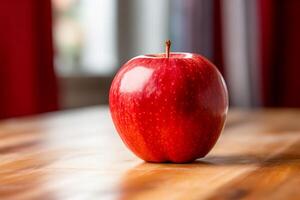 ai generado rojo manzana en de madera mesa, de cerca foto