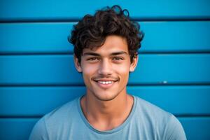 ai generado retrato de joven hombre en pie en frente de azul pared foto