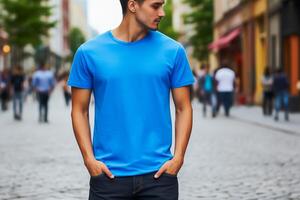 AI generated Young man wearing blank blue t-shirt outdoors. Mockup t-shirt template. photo