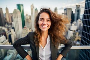 AI generated Portrait of young businesswoman on modern city background photo