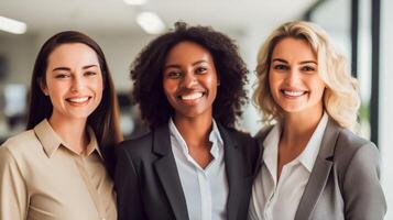 ai generado confidente Tres mujer de negocios en el moderno oficina. retrato de un exitoso negocio equipo. concepto de diversidad en negocio vida. foto