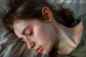 AI generated Sad young woman lying on bed, closeup. Unhappy beautiful woman. photo