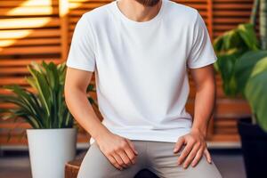 AI generated Young man wearing blank white t-shirt. Mockup t-shirt template. Closeup, copy space. photo