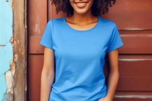 AI generated Young woman wearing blank blue t-shirt. Mockup t-shirt template. Closeup, copy space. photo