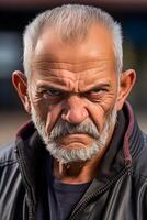 AI generated Middle aged angry man on the street, closeup photo