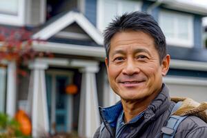 AI generated Middle aged asian man posing in front of the his house photo