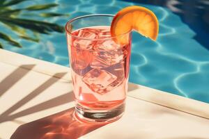 AI generated Glass of cocktail by the swimming pool. Summer vacation concept. photo