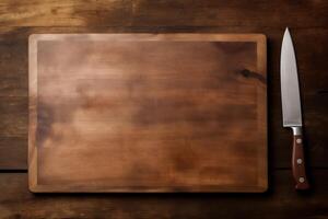 AI generated Blank cutting board and knife, top view photo