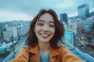 AI generated Young beautiful asian woman taking selfie on a roof against the big city background photo