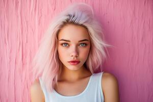 ai generado joven bonito mujer en frente de un rosado pared foto