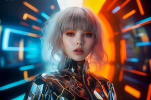 AI generated Portrait of young futuristic woman, closeup photo