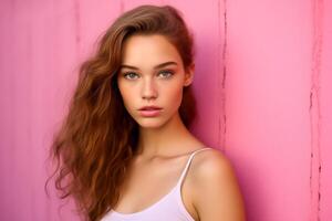 AI generated Young pretty woman in front of a pink wall photo