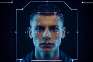 AI generated Face recognition technology concept. Man in the biometric identification process. photo