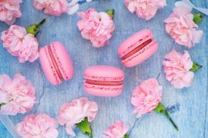 Pink macaroons on a blue wooden background with pink flowers. photo