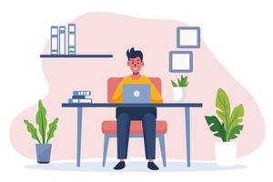 A supervisor is working in his office. The manager sits at a desk with a laptop and works. Vector illustration for business, workplace, and communication concept