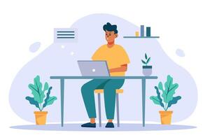 A supervisor is working in his office. The manager sits at a desk with a laptop and works. Vector illustration for business, workplace, and communication concept