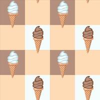 Vanilla and chocolate ice cream in waffle cones. Vector illustration. Seamless pattern.