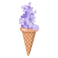 Lavender flowers in an ice cream cone. Vector illustration isolated on white background.