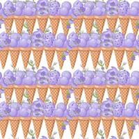 lavanda hielo crema. Tres cucharadas de cremoso dulce postre en un gofre cono. púrpura sorbete. sin costura modelo. vector ilustración.
