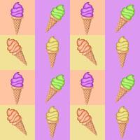 Multi-colored fruit ice cream in waffle cones. Seamless pattern. Vector illustration.