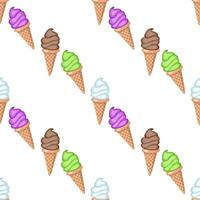 Multi-colored fruit ice cream in waffle cones. Seamless pattern. Vector illustration.