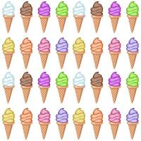 Multi-colored fruit ice cream in waffle cones. Seamless pattern. Vector illustration.