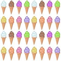 Multi-colored fruit ice cream in waffle cones. Seamless pattern. Vector illustration.