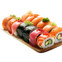 ai generato giapponese cucina Sushi rotolo con salmone tonno Anguilla e gamberetto su trasparente sfondo png