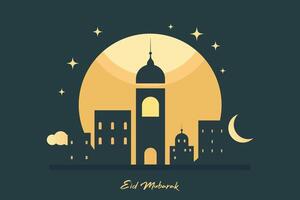 contento eid y Ramadán Mubarak islámico antecedentes modelo diseño con Luna y mezquita vector