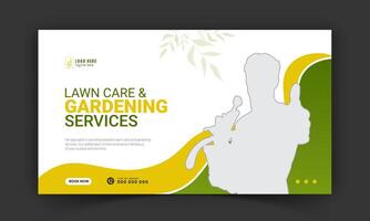 Corporate lawn care and gardening or landscaping services live stream video thumbnail design, lawn mower, gardening, promotion, social media post, cover template, abstract green, yellow color shapes vector