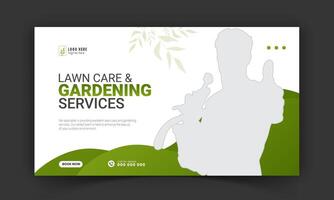 Corporate lawn care and gardening or landscaping service live stream video thumbnail design, lawn mower, gardening, promotion, social media post, cover template, abstract amazing green color shapes vector