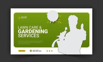 Corporate lawn care and gardening or landscaping services live stream video thumbnail design, lawn mower, gardening, promotion, social media post, cover template, abstract green, yellow color shapes vector