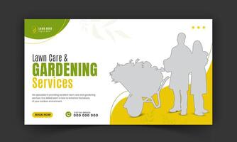 Corporate lawn care and gardening or landscaping services live stream video thumbnail design, lawn mower, gardening, promotion, social media post, cover template, abstract green, yellow color shapes vector