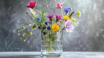 AI generated Bouquet of wildflowers in glass vase on gray background photo