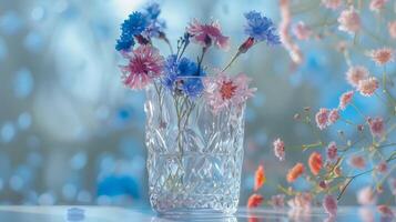 AI generated Colorful cornflowers in glass vase on blue background photo